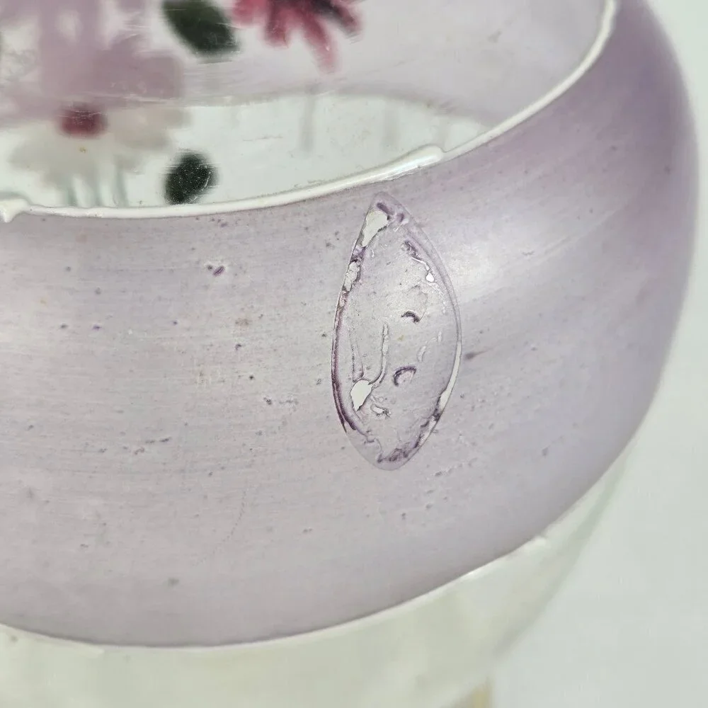 Vintage Hand Painted Glass Vase Pink & Purple Flowers Gold Accents